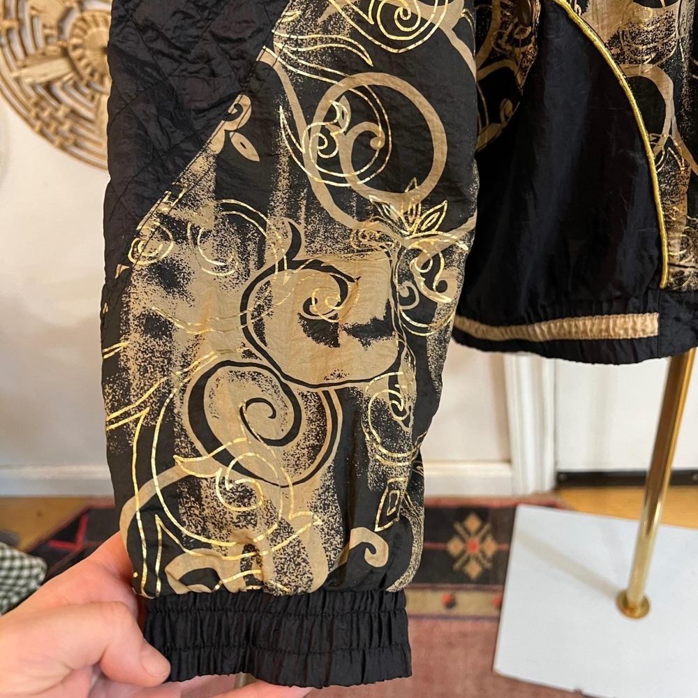 Vintage 90s Windbreaker Jacket Gold Black Print Bomber Mob Wife L - Picture 9 of 12